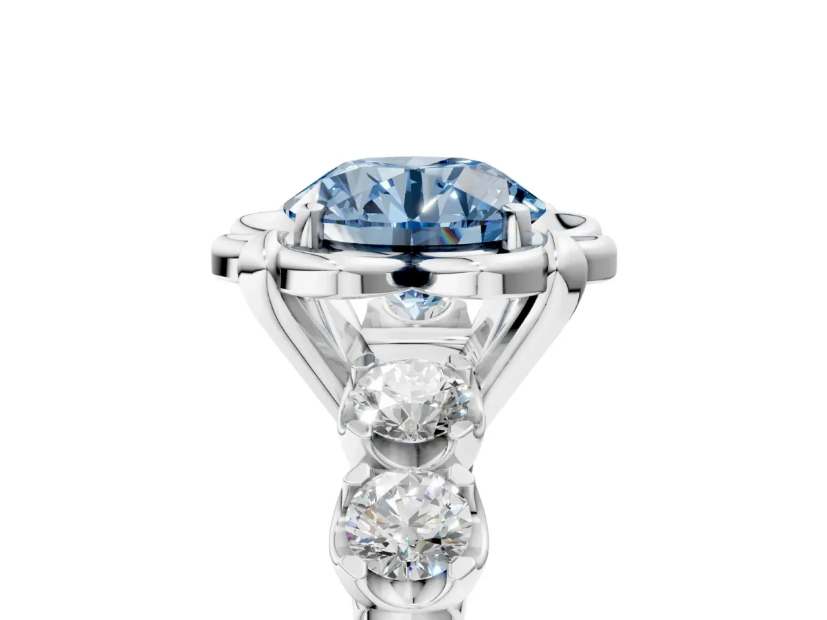 Fancy Blue Round Cut Cut Diamond Floral Halo Engagement Ring with Shared Prong Setting Silver