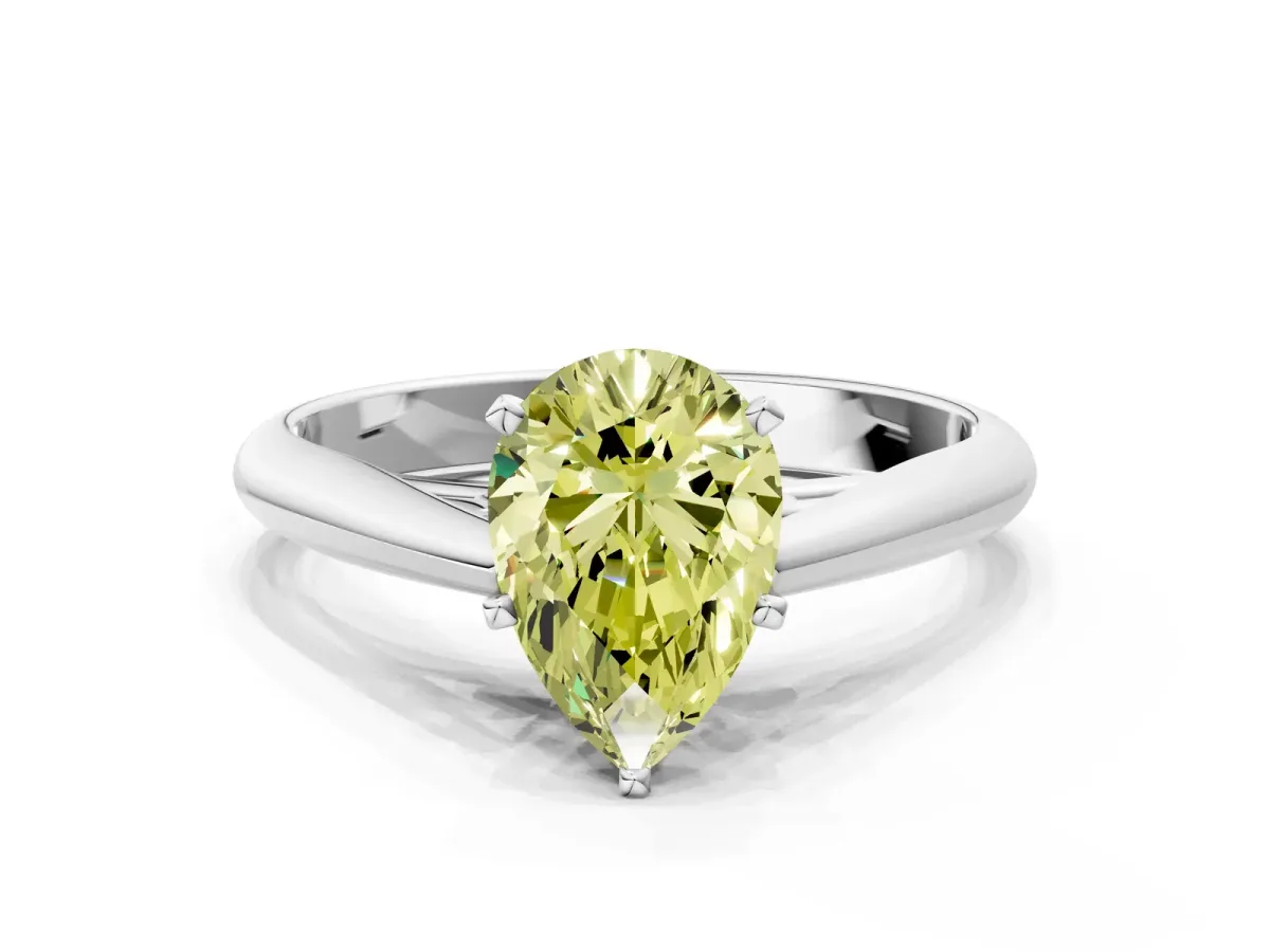 Fancy Yellow Pear Cut Diamond Solitaire Engagement Ring with Cathedral Setting and Four-Prong Mount Silver