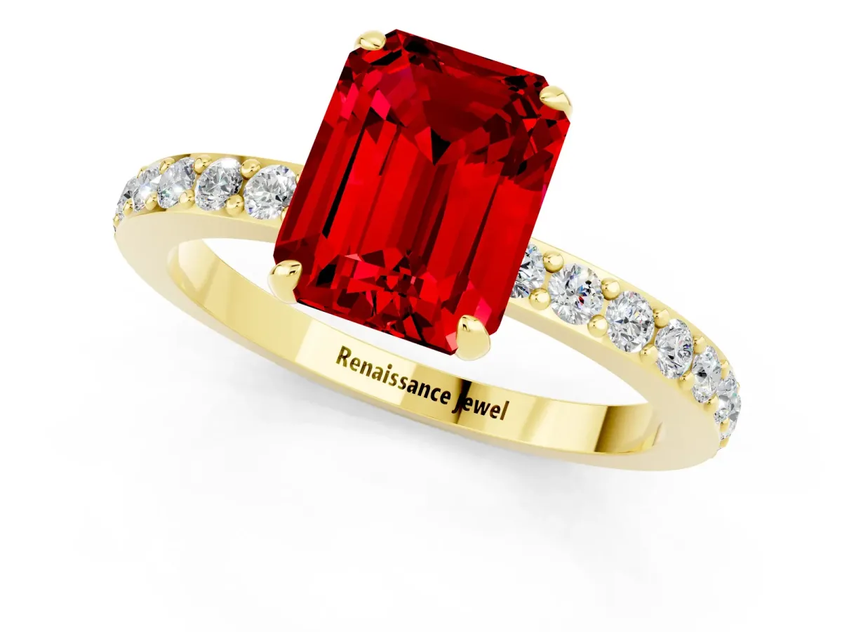 Emerald Cut Ruby Solitaire Engagement Ring with Pavé Band and Four-Prong Setting Yellow gold
