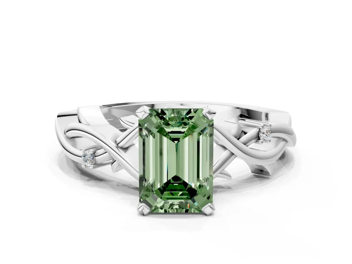 Fancy Green Emerald Cut Diamond Solitaire Ring with Twisted Band and Prong Setting Silver