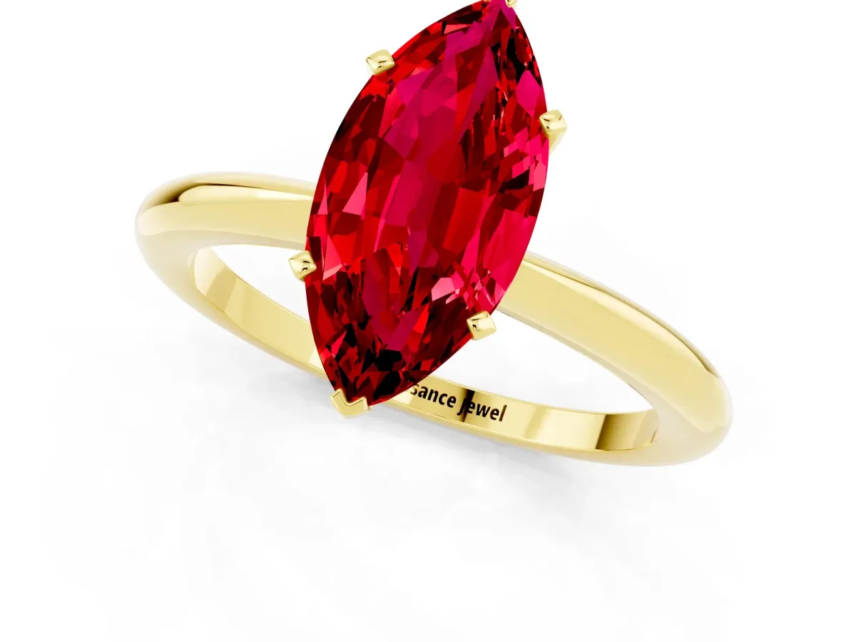 Marquise Cut Ruby Solitaire Ring with Six-Prong Setting and Classic Band Yellow gold