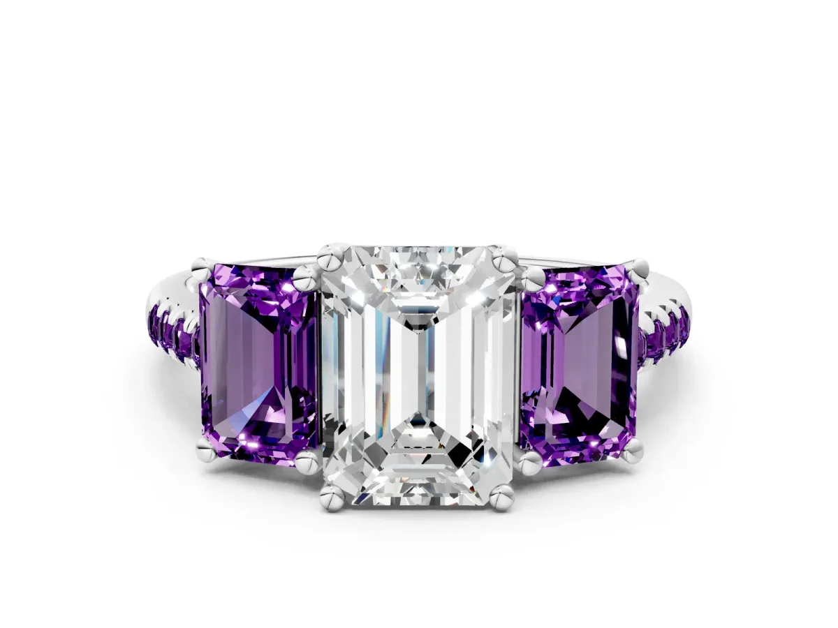 Three-Stone Emerald Cut Diamond Ring with Round Amethyst Pavé Band and Prong Setting Platinum