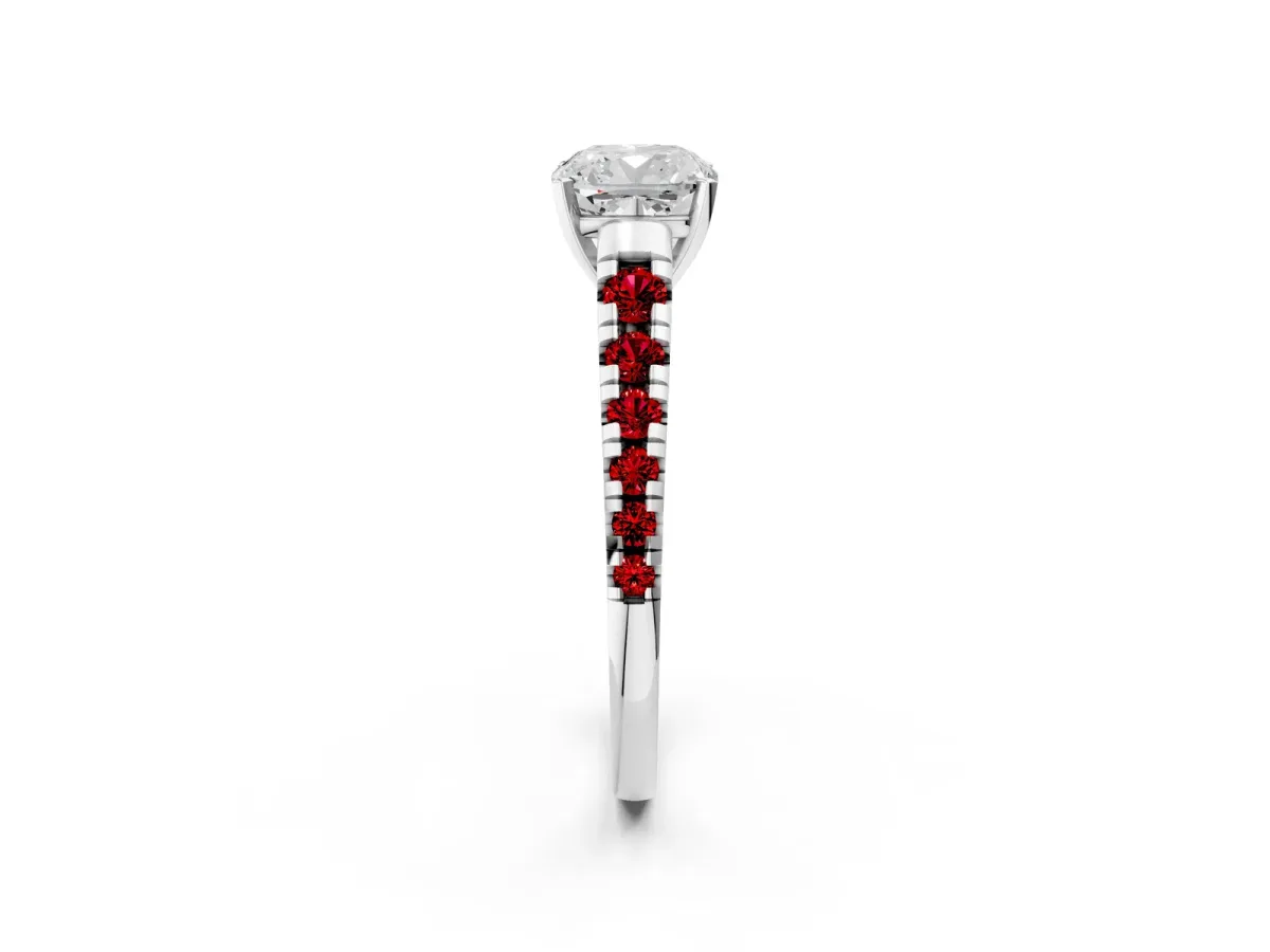 Cushion Cut Diamond Cathedral Solitaire Ring with Round Ruby Pavé Band White gold