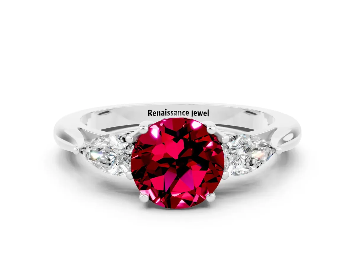 Three-Stone Round Cut Garnet Ring with Pear Side Stones in Four-Prong Setting Platinum