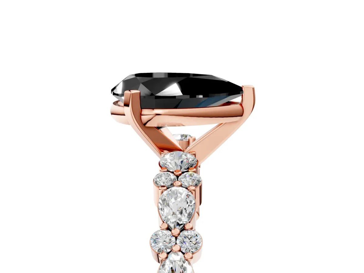 Fancy Black Pear Cut Diamond Side Stone Solitaire Ring with Round and Four-Prong Setting Rose gold