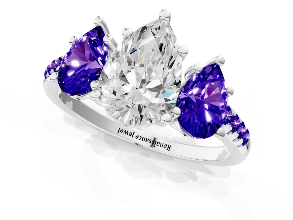 Three-Stone Pear Cut Diamond Ring with Round Tanzanite Pavé Band and Prong Setting Silver