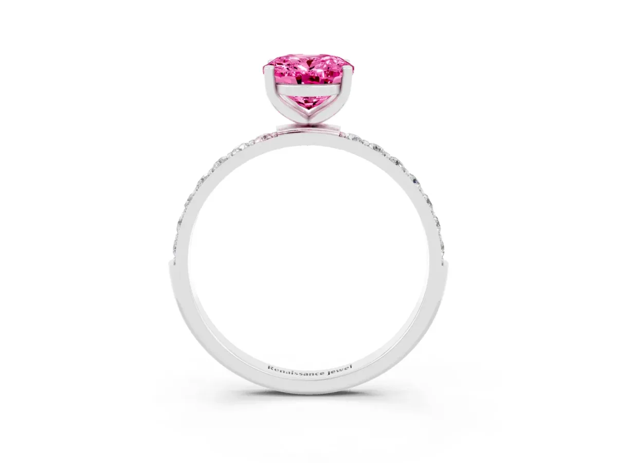 Oval Cut Pink Sapphire Solitaire Ring with Round Pavé Band and Prong Setting Silver