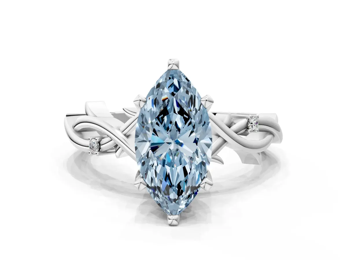 Fancy Blue Marquise Cut Diamond Solitaire Ring with Twisted Band and Prong Setting Platinum
