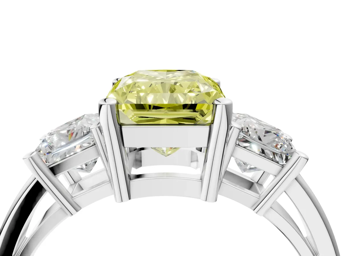 Fancy Yellow Three-Stone Radiant Cut Cut Solitaire Ring with Prong Setting Platinum