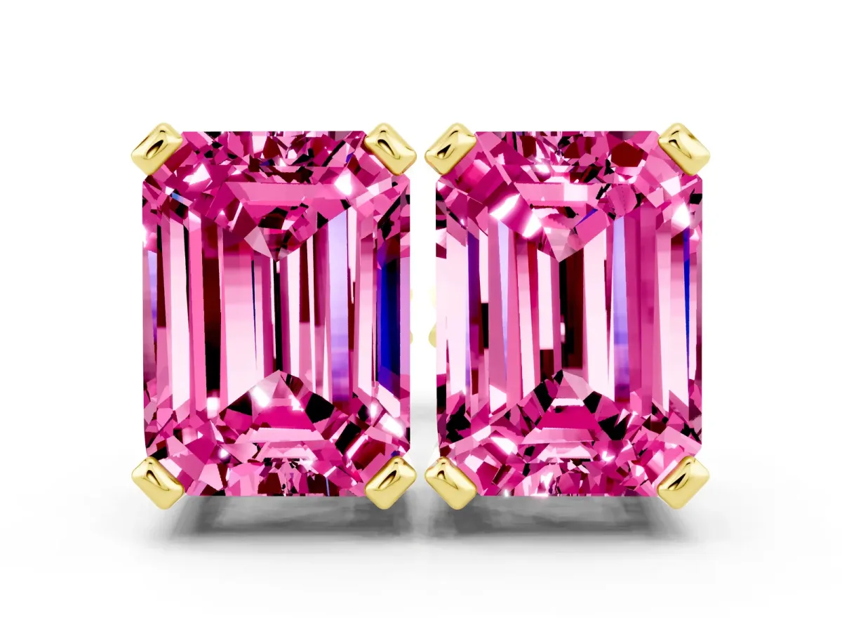 Emerald Cut Pink Sapphire Stud Earrings Yellow gold