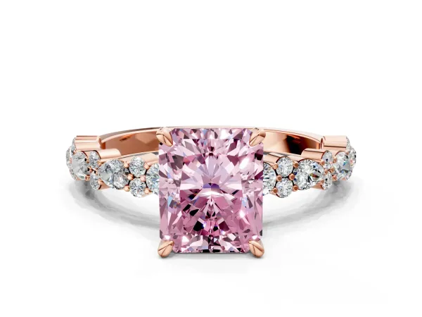 Fancy Pink Radiant Cut Diamond Side Stone Solitaire Ring with Round and Four-Prong Setting Rose gold