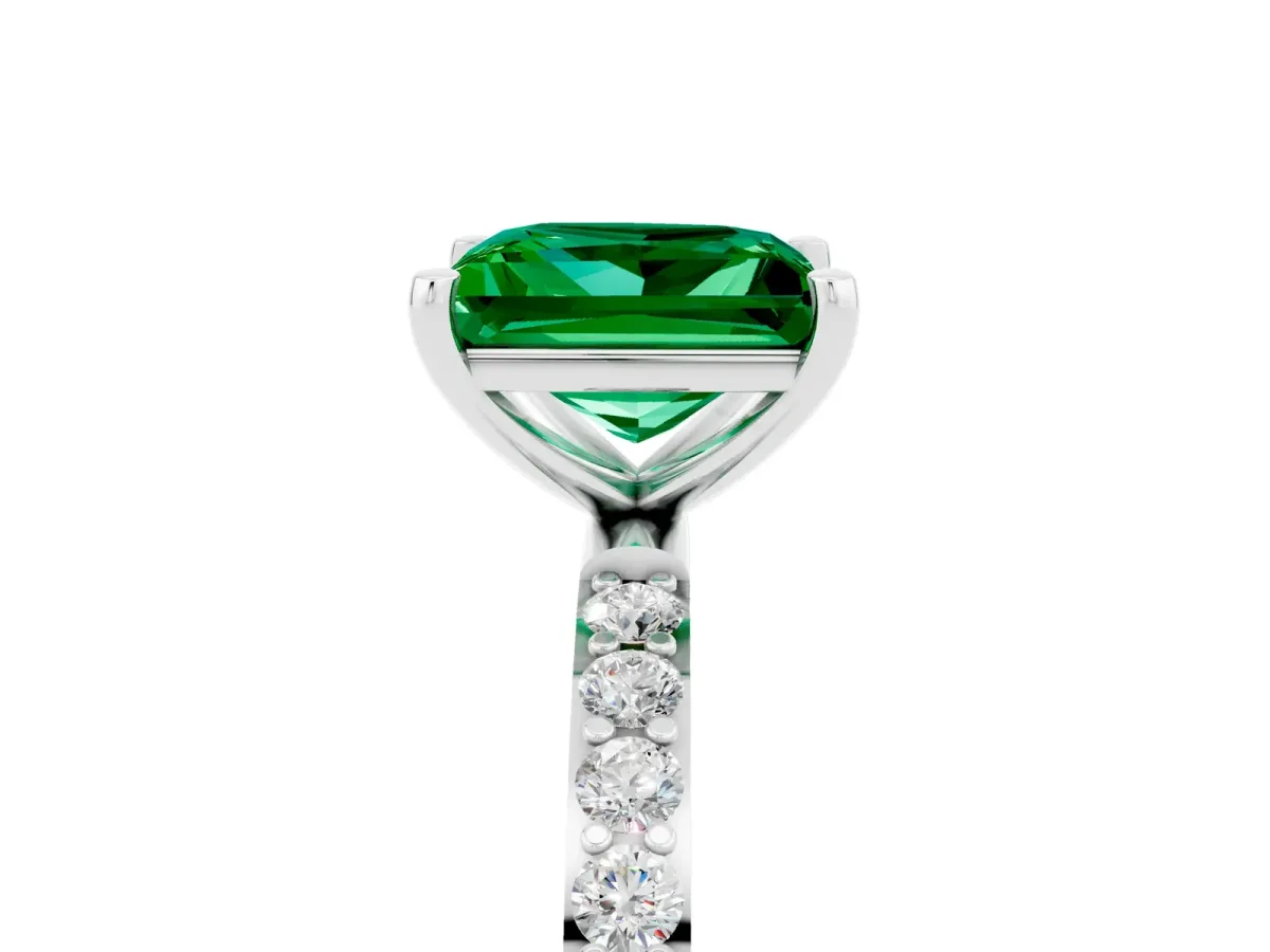 Princess Cut Emerald Solitaire Ring with Round Pavé Band and Prong Setting Platinum