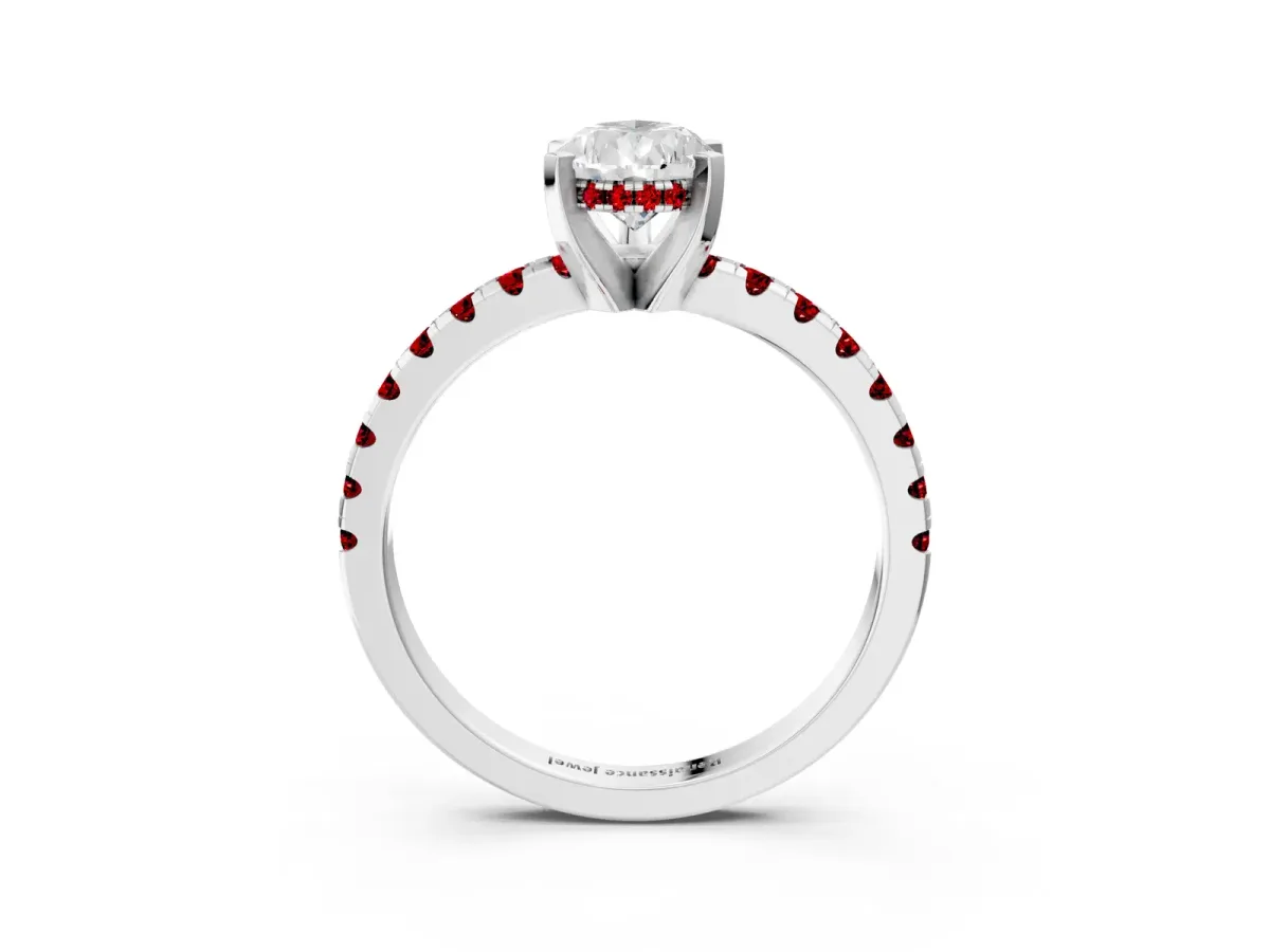 Pear Cut Diamond Solitaire Ring with Round Ruby Pavé Band and Four-Prong Setting Platinum
