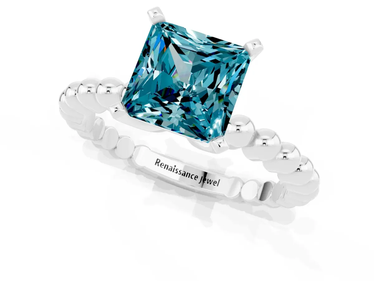 Princess Cut Blue Topaz Solitaire Ring with Beaded Band and Prong Setting Silver