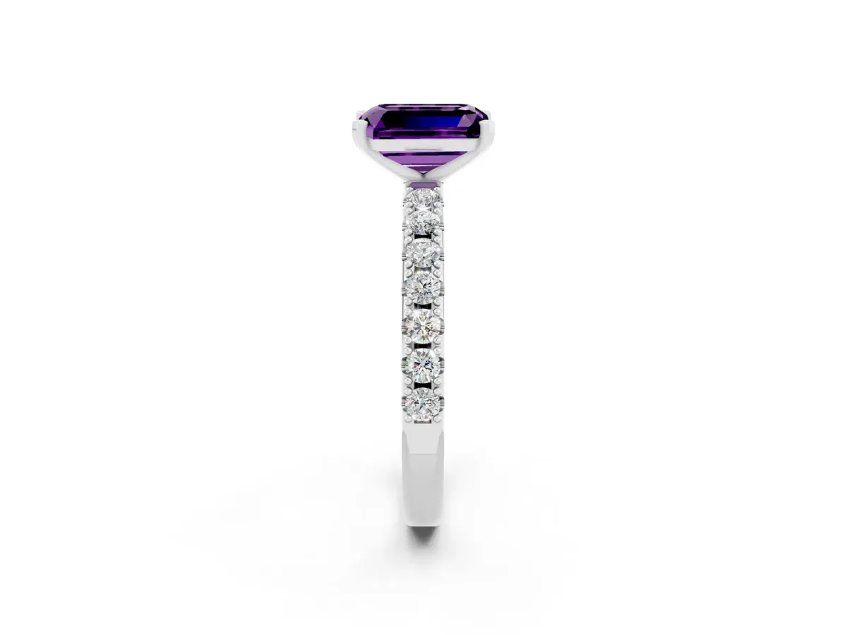 Emerald Cut Amethyst Solitaire Pavé Band with Four-Prong Setting Silver