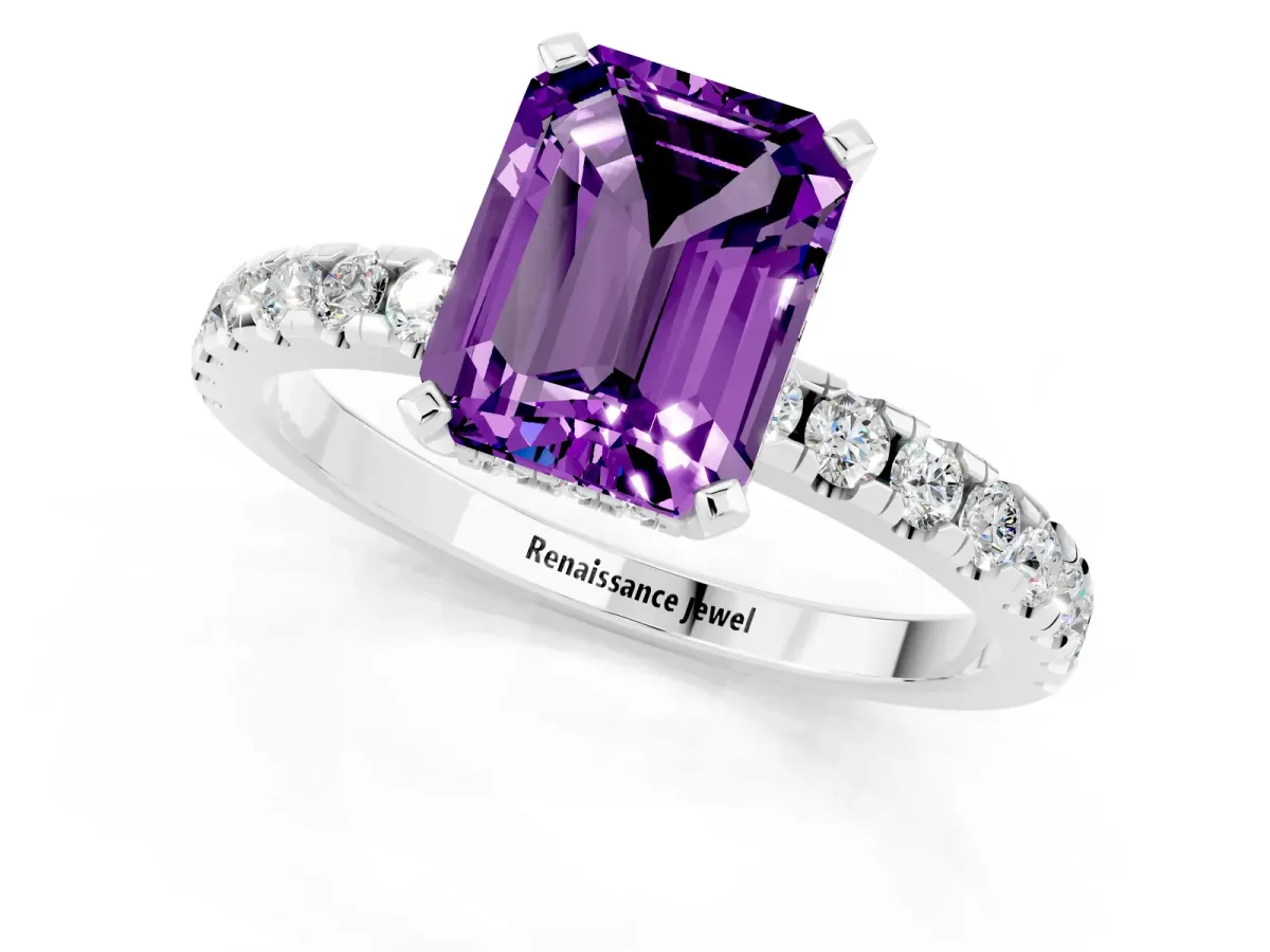 Emerald Cut Amethyst Solitaire Ring with Round Pavé Band and Four-Prong Setting Silver