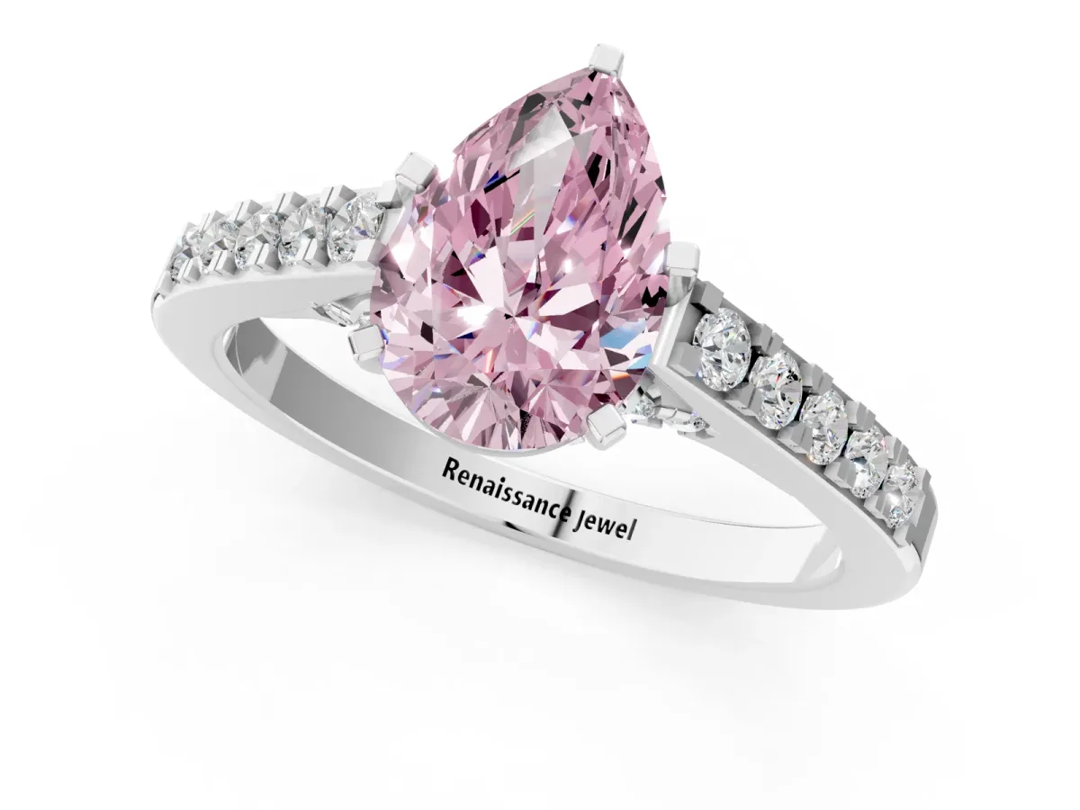 Fancy Pink Pear Cut Diamond Solitaire Ring with Crossover Gallery and Round Pavé Band Silver