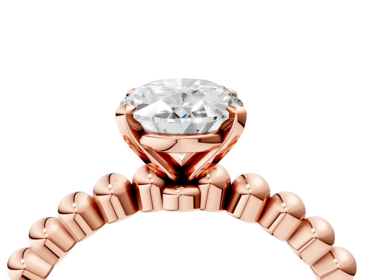 Oval Cut Diamond Solitaire Ring with Beaded Band and Prong Setting Rose gold