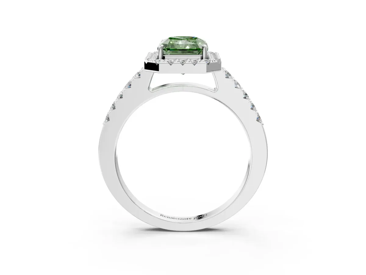 Fancy Green Radiant Cut Halo Diamond Pavé Solitaire Ring Silver