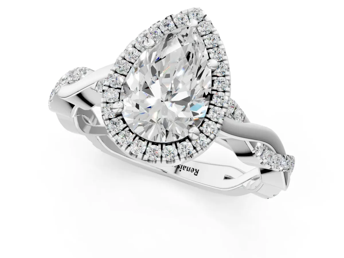 Pear Cut Cut Halo Twisted Band Four-Prong Ring Platinum