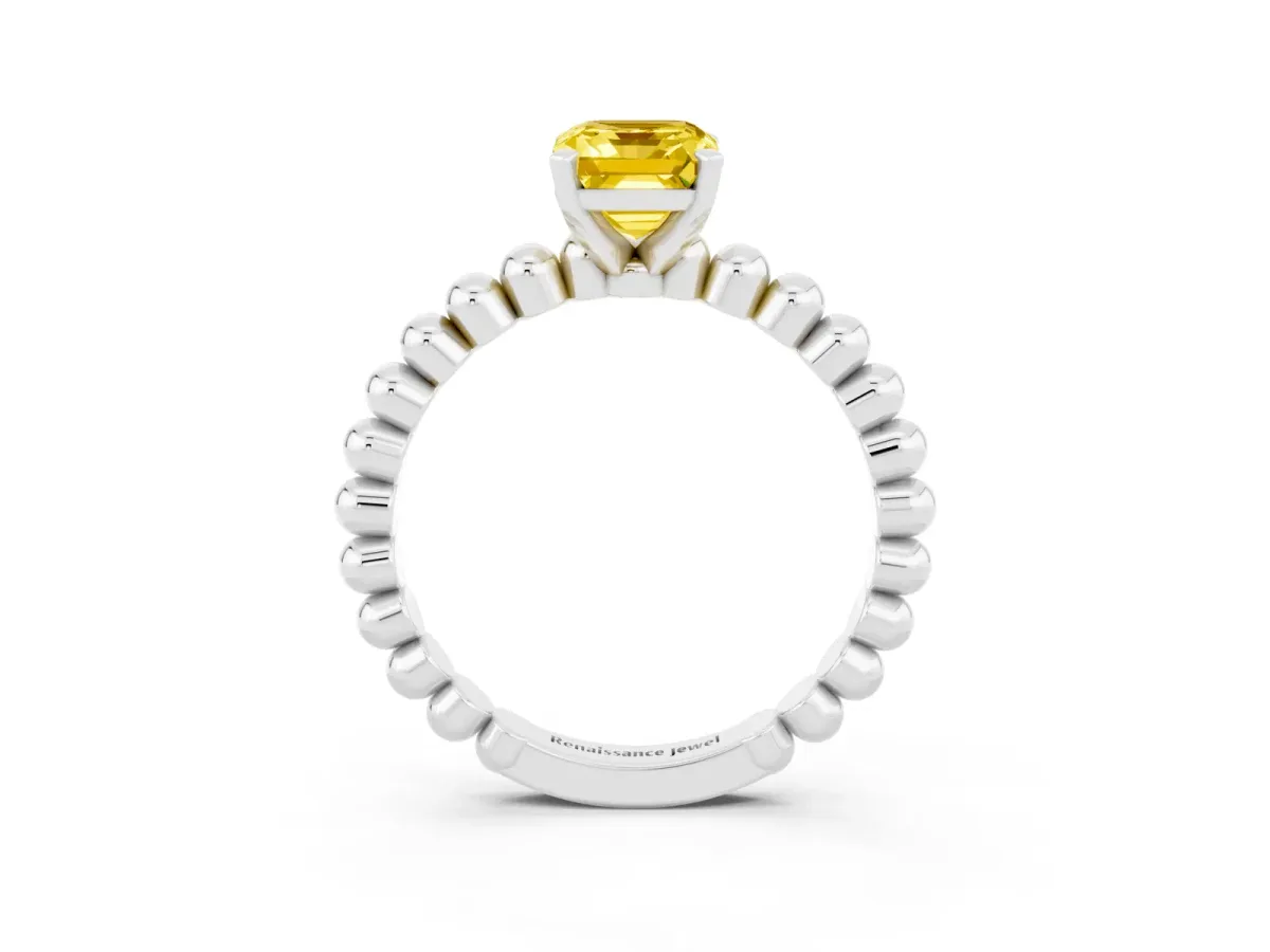 Emerald Cut Yellow Sapphire Solitaire Ring with Beaded Band and Prong Setting Silver
