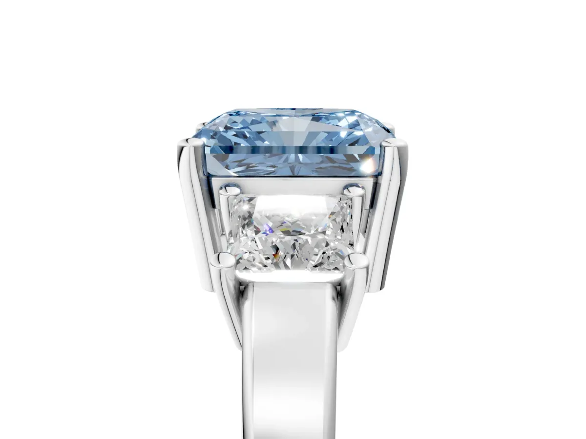Fancy Blue Three-Stone Radiant Cut Cut Solitaire Ring with Prong Setting Platinum