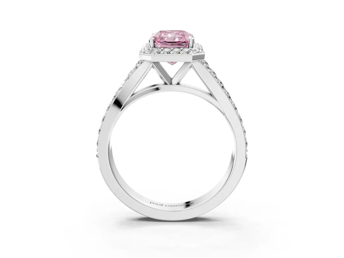 Fancy Pink Radiant Cut Diamond Split Shank Halo Ring with Four-Prong Setting Platinum
