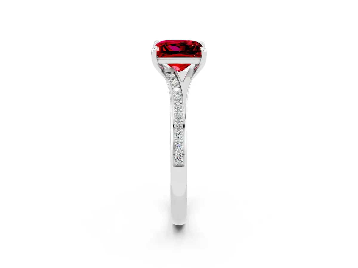 Princess Cut Ruby Solitaire Ring with Pavé Band and Prong Setting Silver