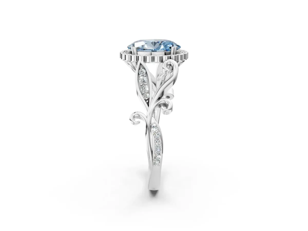 Fancy Blue Oval Cut Diamond Halo Ring with Vintage Split Shank and Four-Prong Setting Silver
