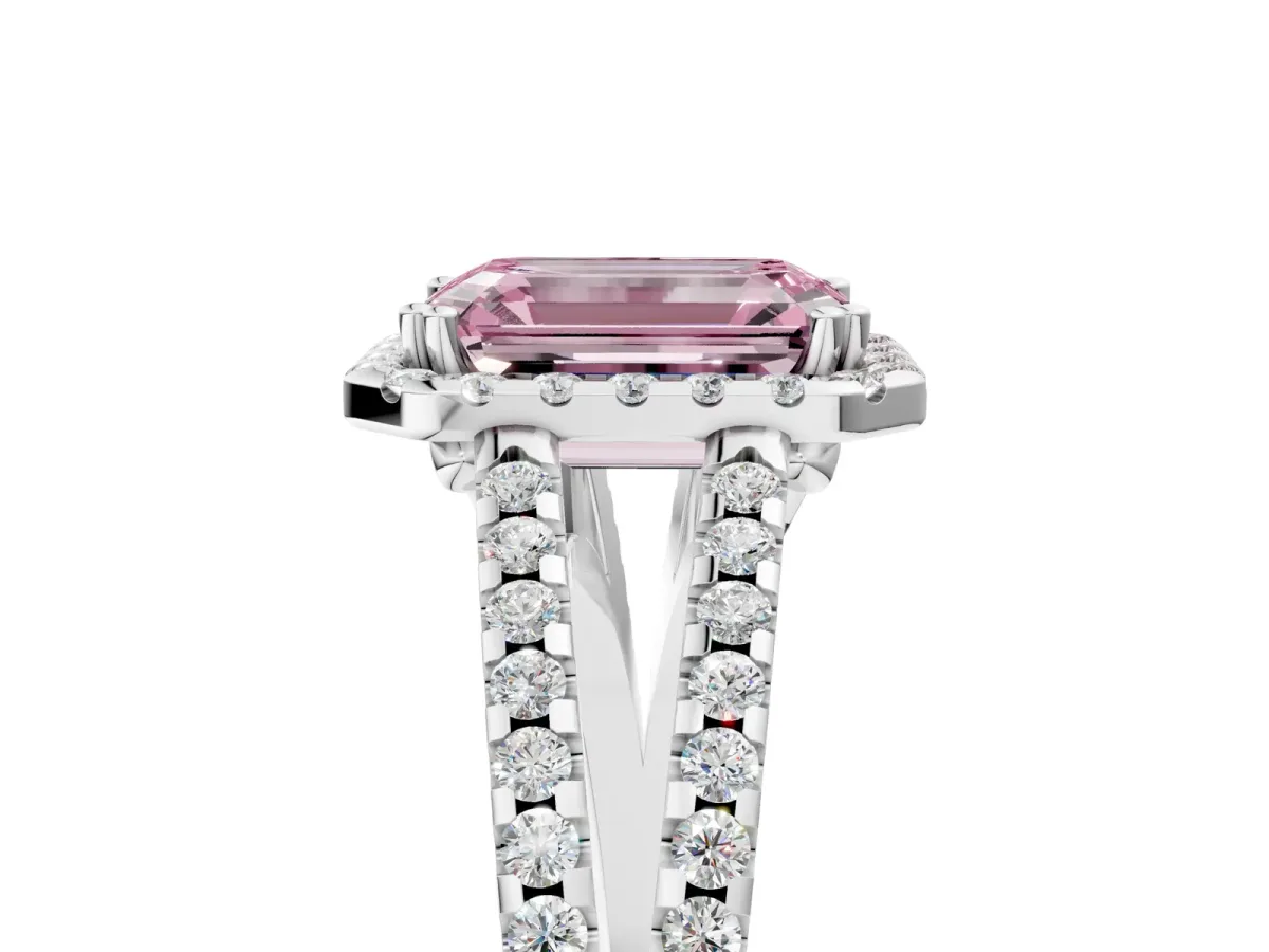 Fancy Pink Emerald Cut Diamond Halo Split Shank Engagement Ring Platinum