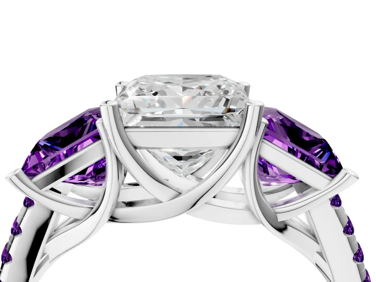 Three-Stone Princess Cut Diamond Ring with Round Amethyst Pavé Band and Prong Setting Silver