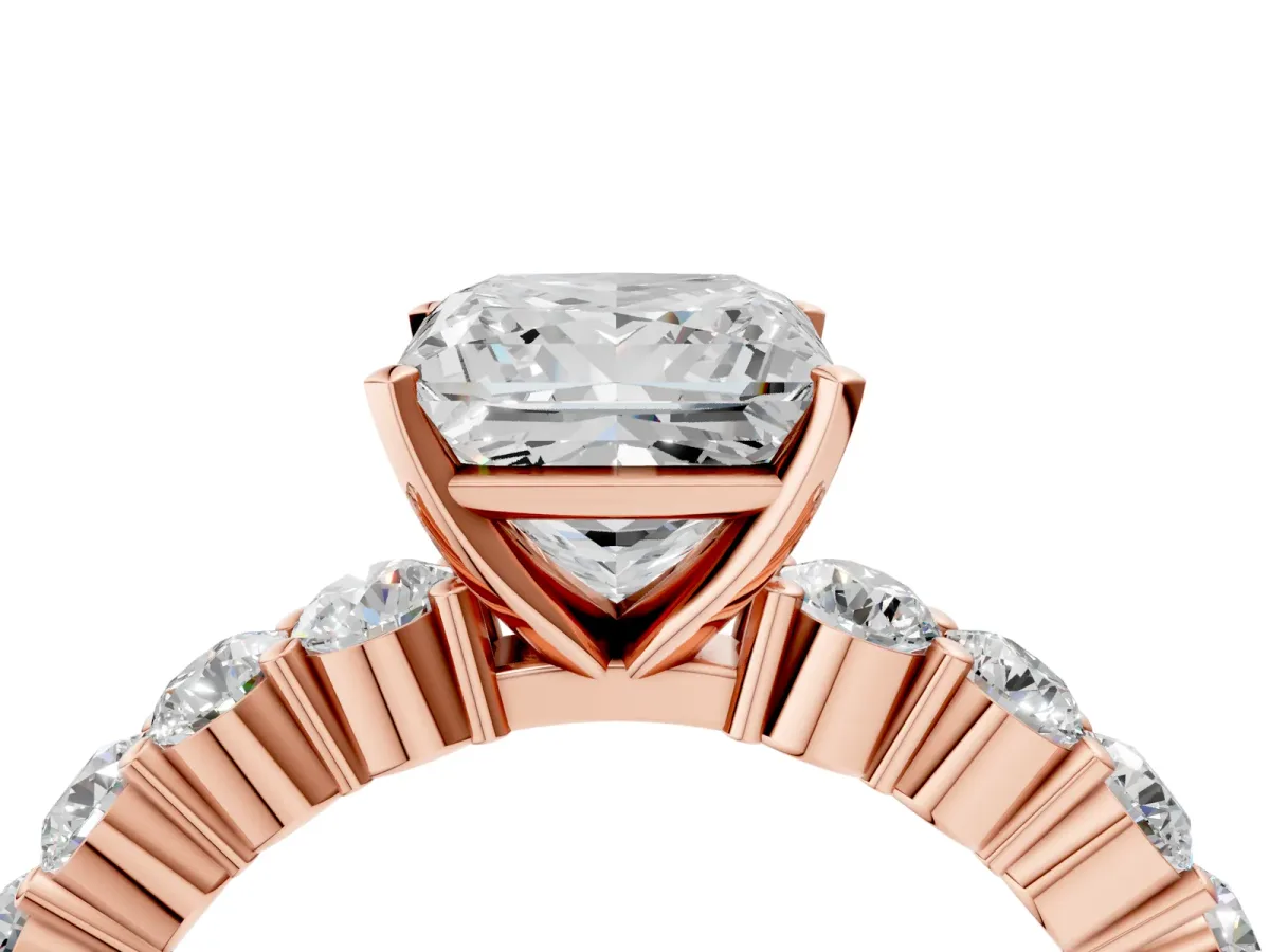 Princess Cut Diamond Solitaire Ring with Shared Prong Round Side Stones Rose gold