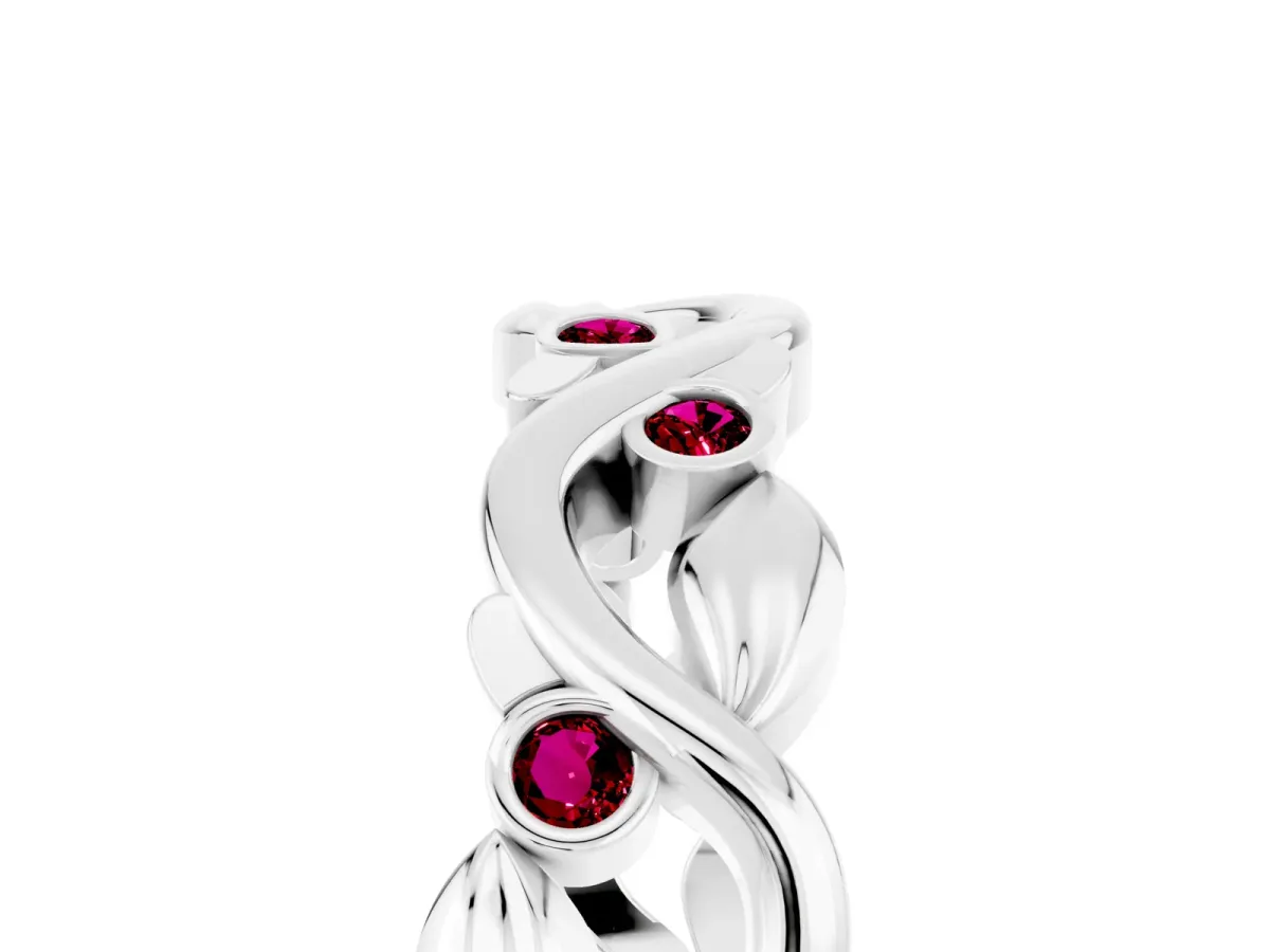 Round Garnet Leaf Eternity Band with Bezel Setting White gold