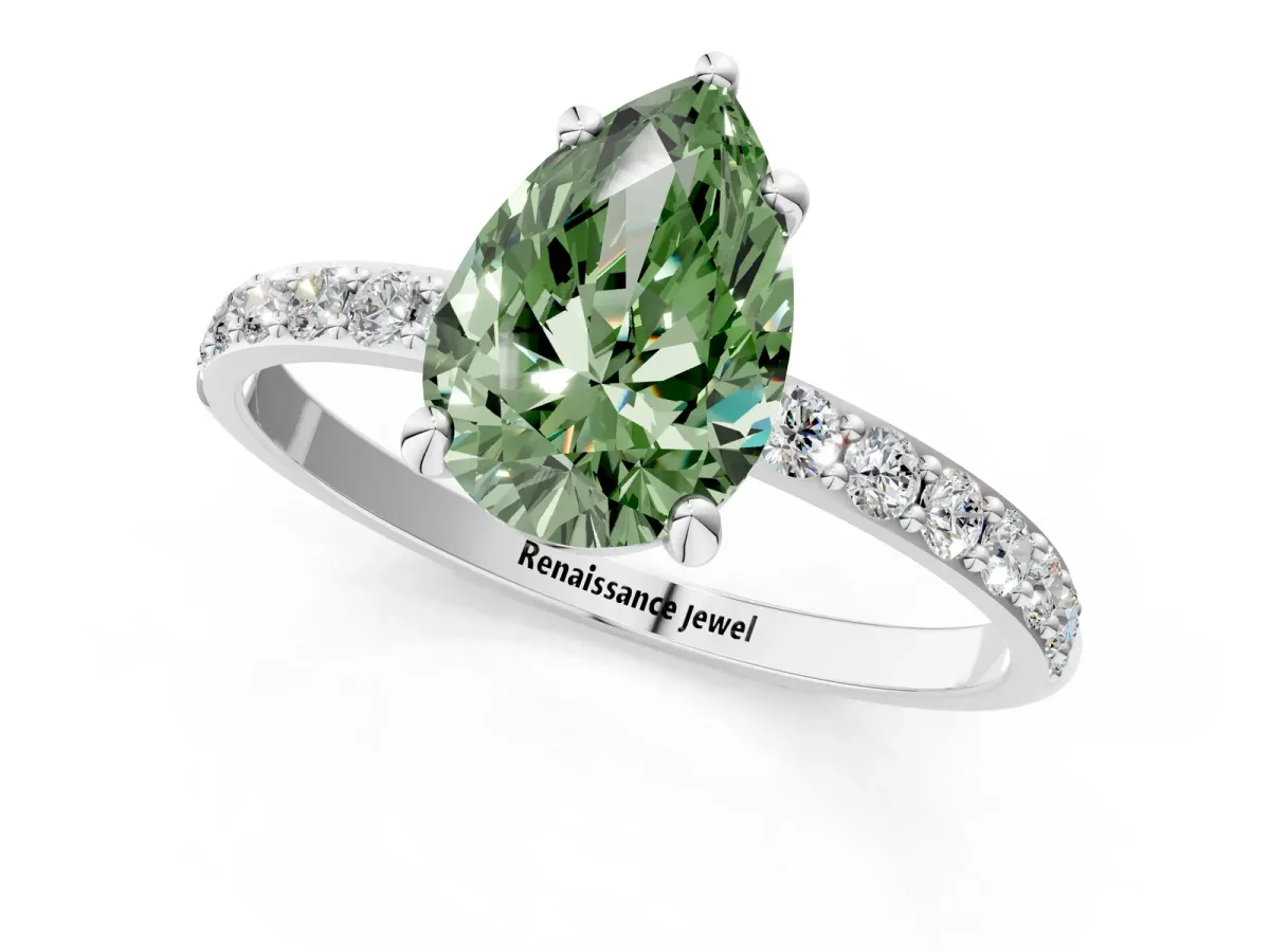 Fancy Green Pear Cut Diamond Solitaire Ring with Round Pavé Band and Prong Setting Silver