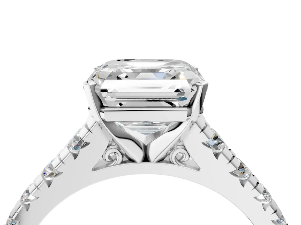 Asscher Cut Diamond Cathedral Solitaire Ring with Round Pavé Band Silver