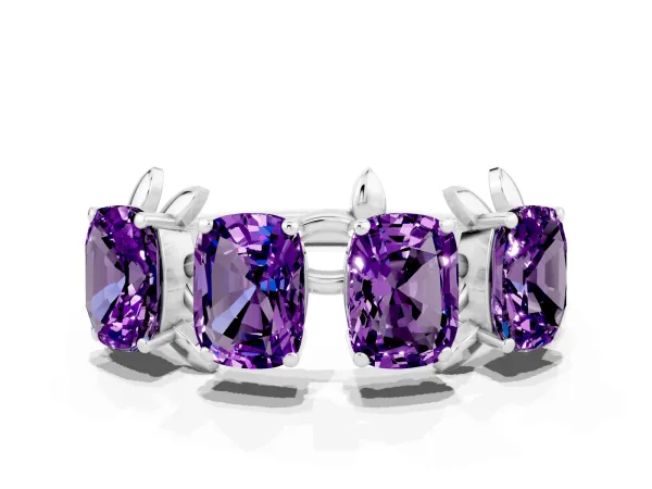Four-Stone Elongated Cushion Amethyst Band with Nature-Inspired Prong Setting Platinum
