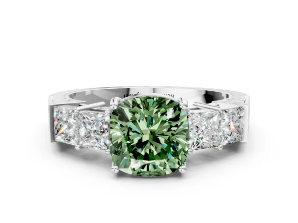 Fancy Green Cushion Cut Solitaire Princess Side Stone Engraved Band Prong Setting Ring Platinum