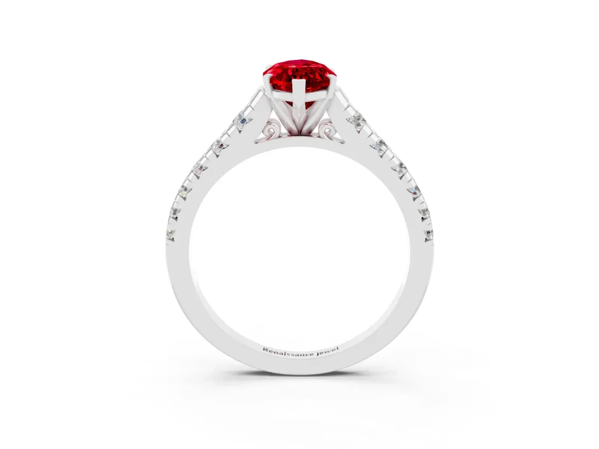 Marquise Cut Ruby Cathedral Solitaire Ring with Round Pavé Band Silver