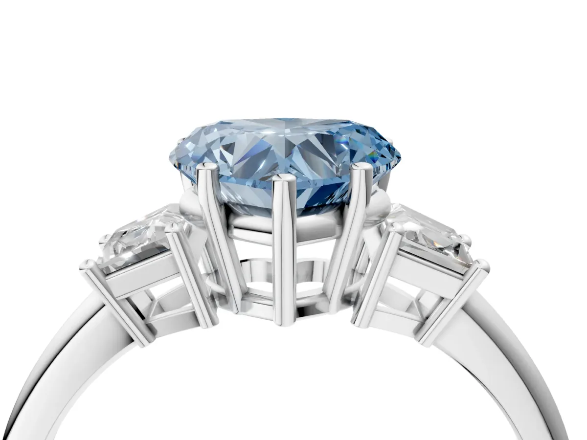 Fancy Blue Heart Cut Diamond Three-Stone Ring with Trapezoid Side Stones and Prong Setting Silver