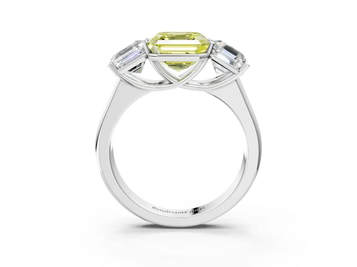 Fancy Yellow Asscher Cut Three-Stone Diamond Ring with Prong Setting on a Classic Band Platinum