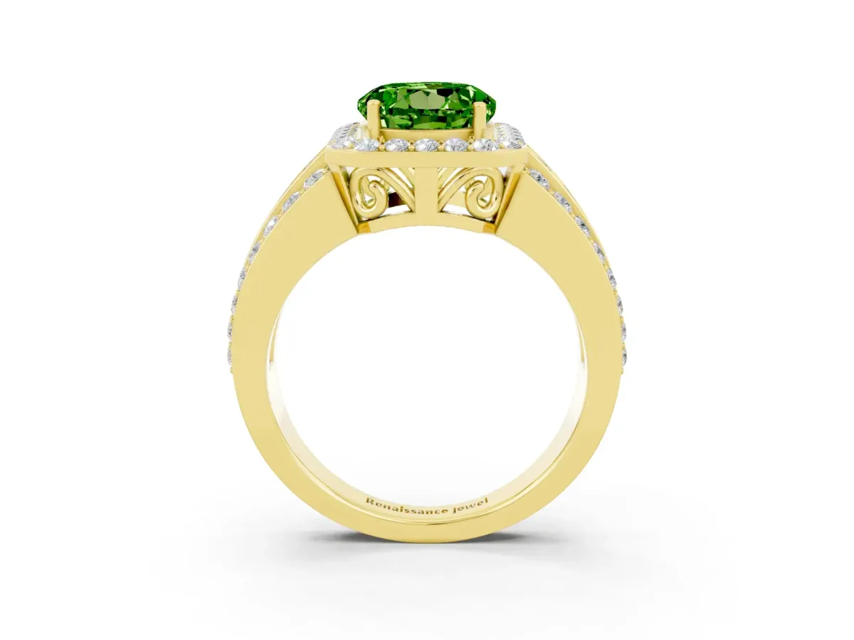 Round Cut Halo Peridot Ring with Round Split Shank and Prong Setting Yellow gold