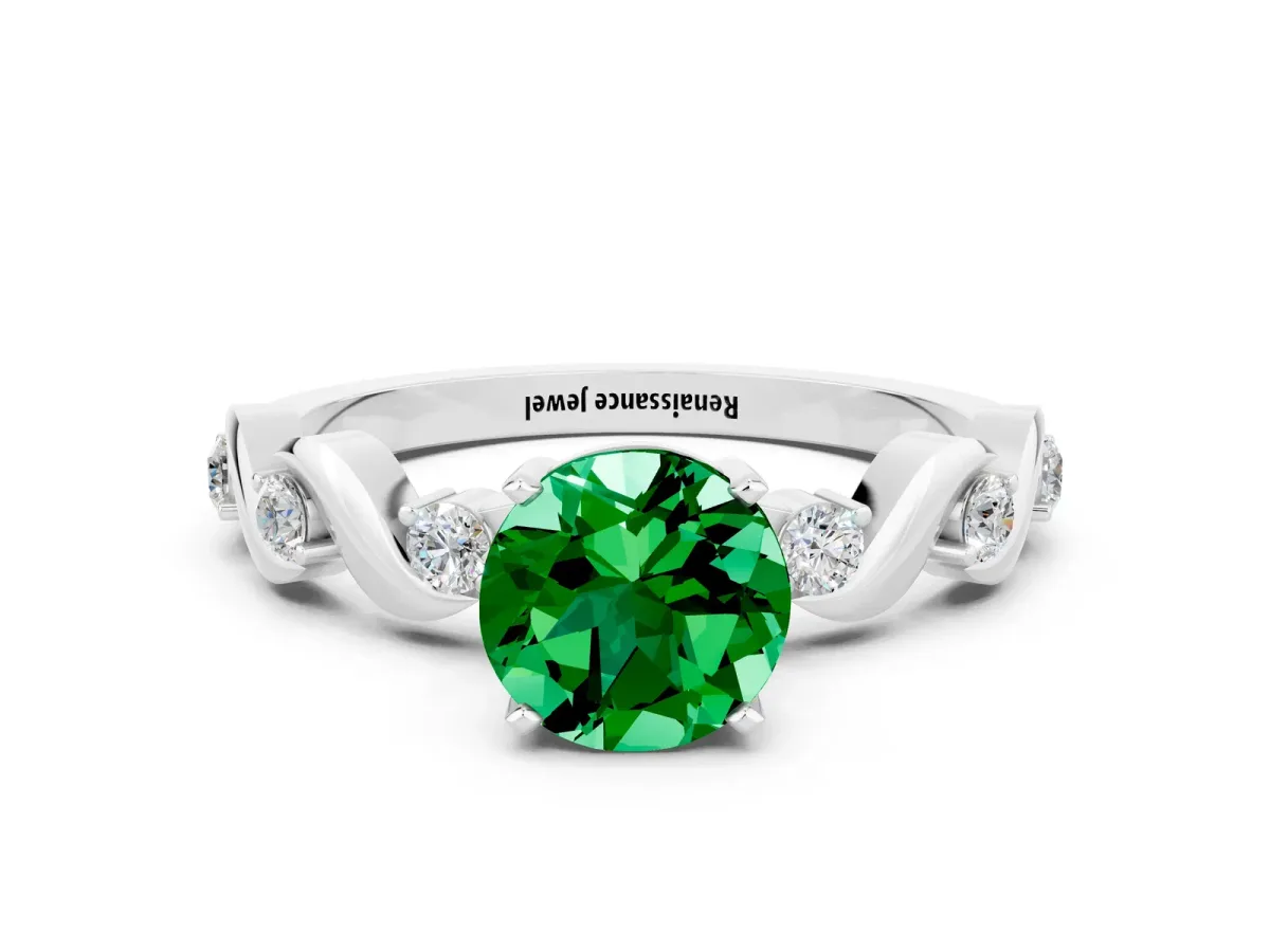 Round Cut Emerald Solitaire Twisted Band with Round Accents and Prong Setting Silver