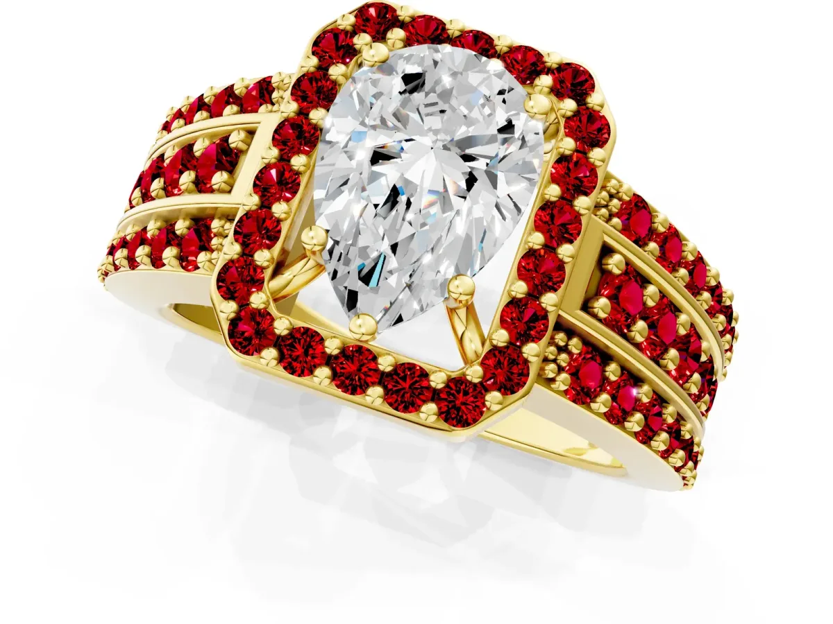 Pear Cut Halo Diamond Ring with Round Ruby Split Shank and Prong Setting Yellow gold