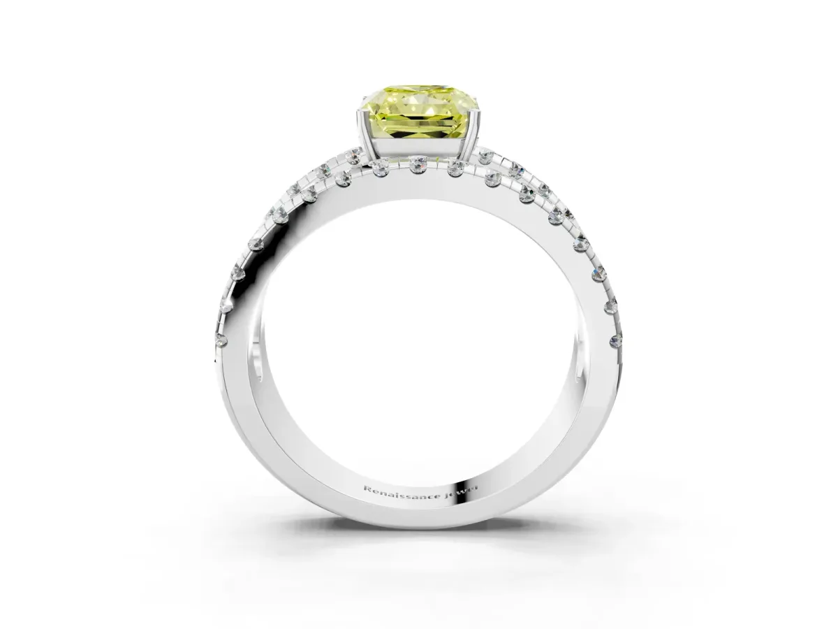Fancy Yellow Radiant Cut Solitaire Split Shank Pave Diamond Ring Platinum