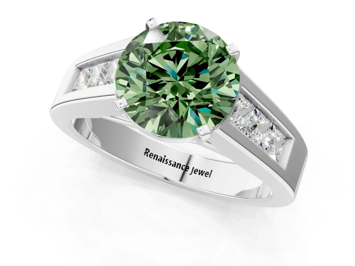 Fancy Green Round Cut Cut Channel Set Solitaire Ring with Four-Prong Setting Silver