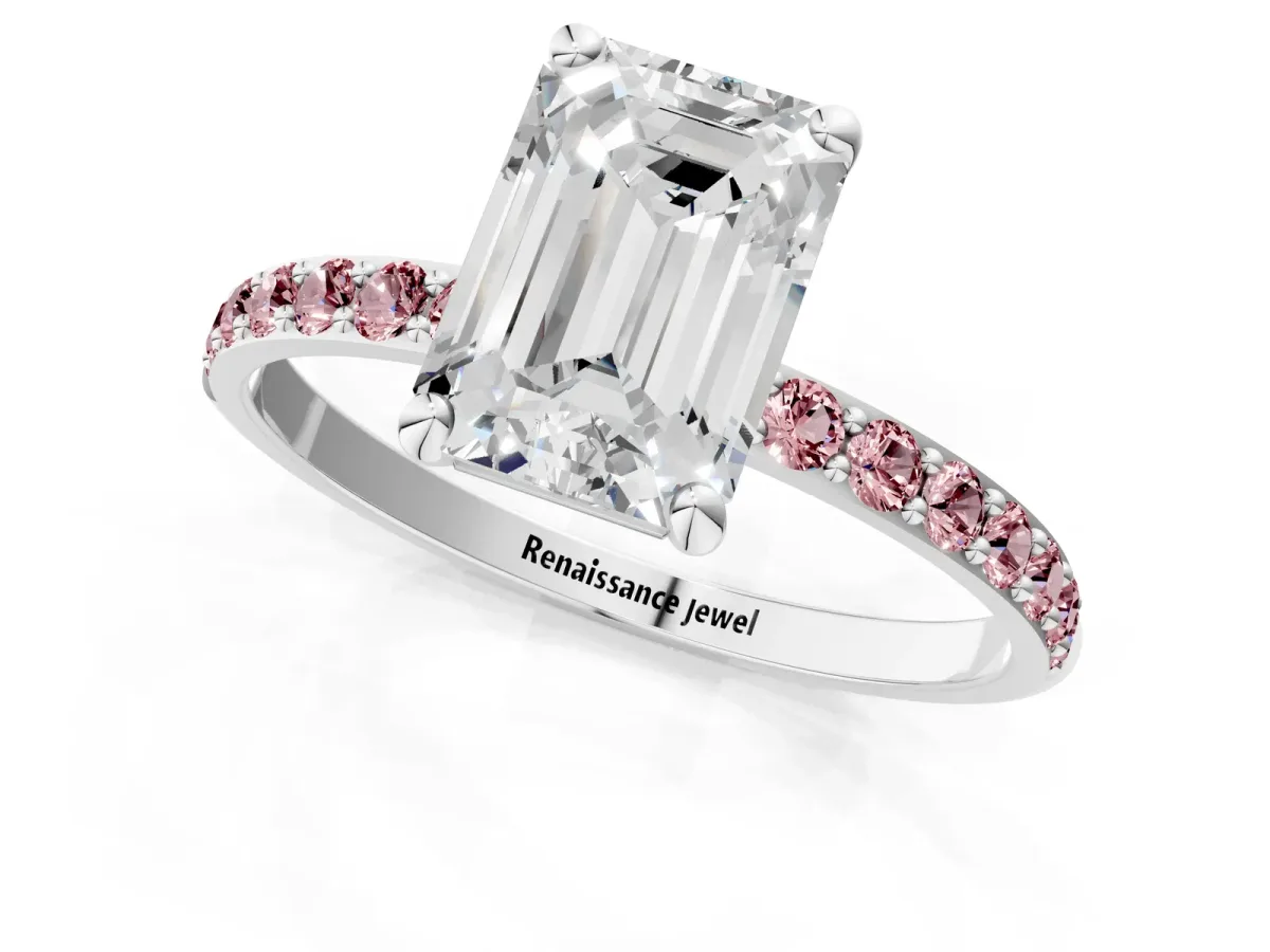 Emerald Cut Diamond Solitaire Ring with Round Morganite Pavé Band and Prong Setting Silver