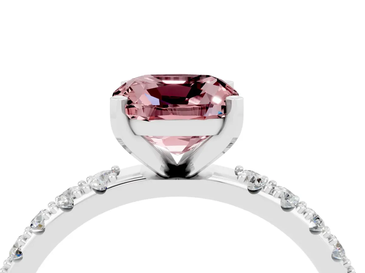 Cushion Cut Morganite Solitaire Pavé Band with Four-Prong Setting Silver