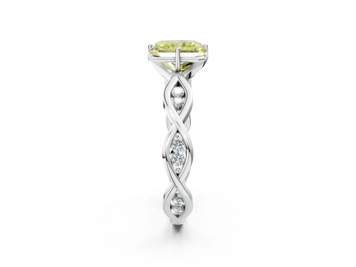 Fancy Yellow Radiant Cut Solitaire Twist Band with Leaf Prong Setting Platinum