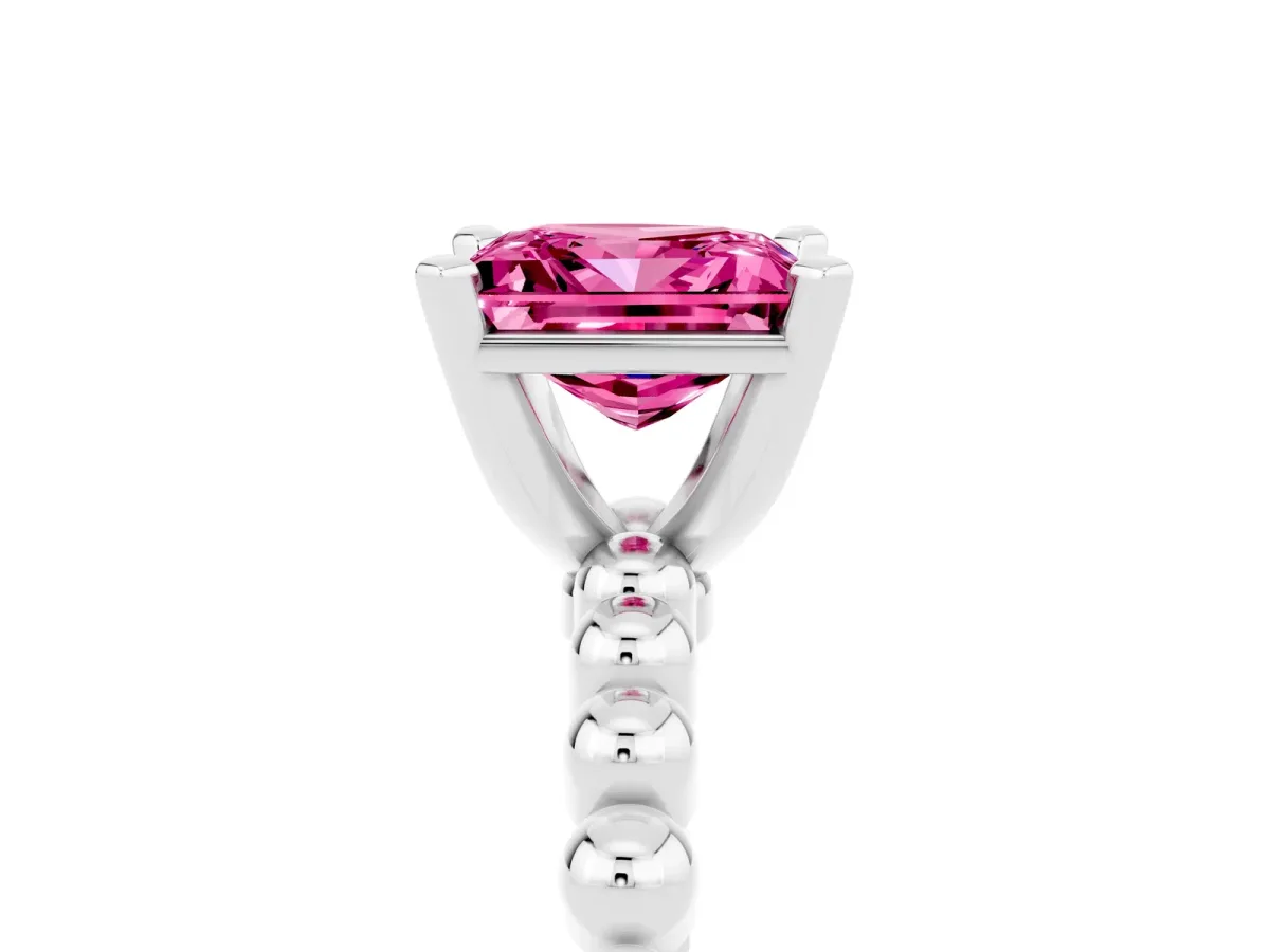 Princess Cut Pink Sapphire Solitaire Ring with Beaded Band and Prong Setting Silver