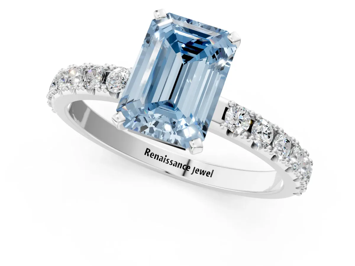 Fancy Blue Emerald Cut Diamond Solitaire Pavé Band with Four-Prong Setting Silver